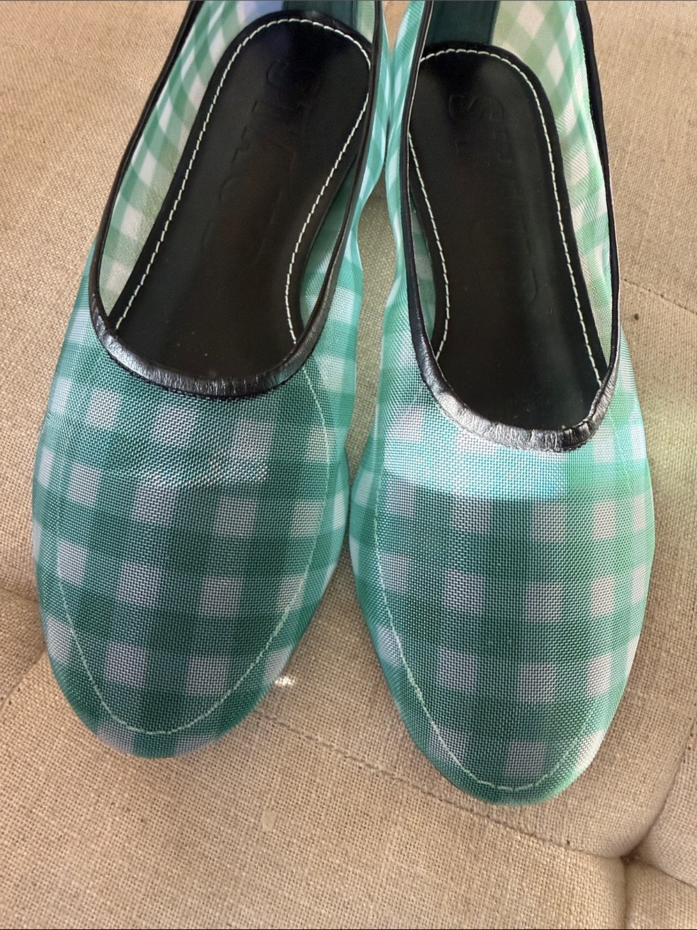 STAUD Green Gingham Slip-On Flats
